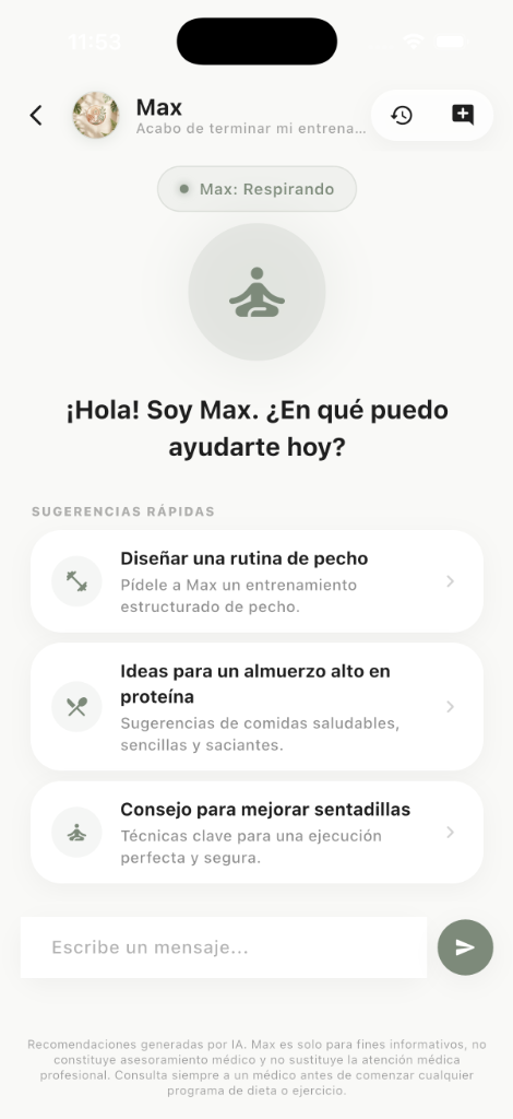 Chat con Max, tu coach de IA, ofreciendo sugerencias rápidas de rutinas y consejos
