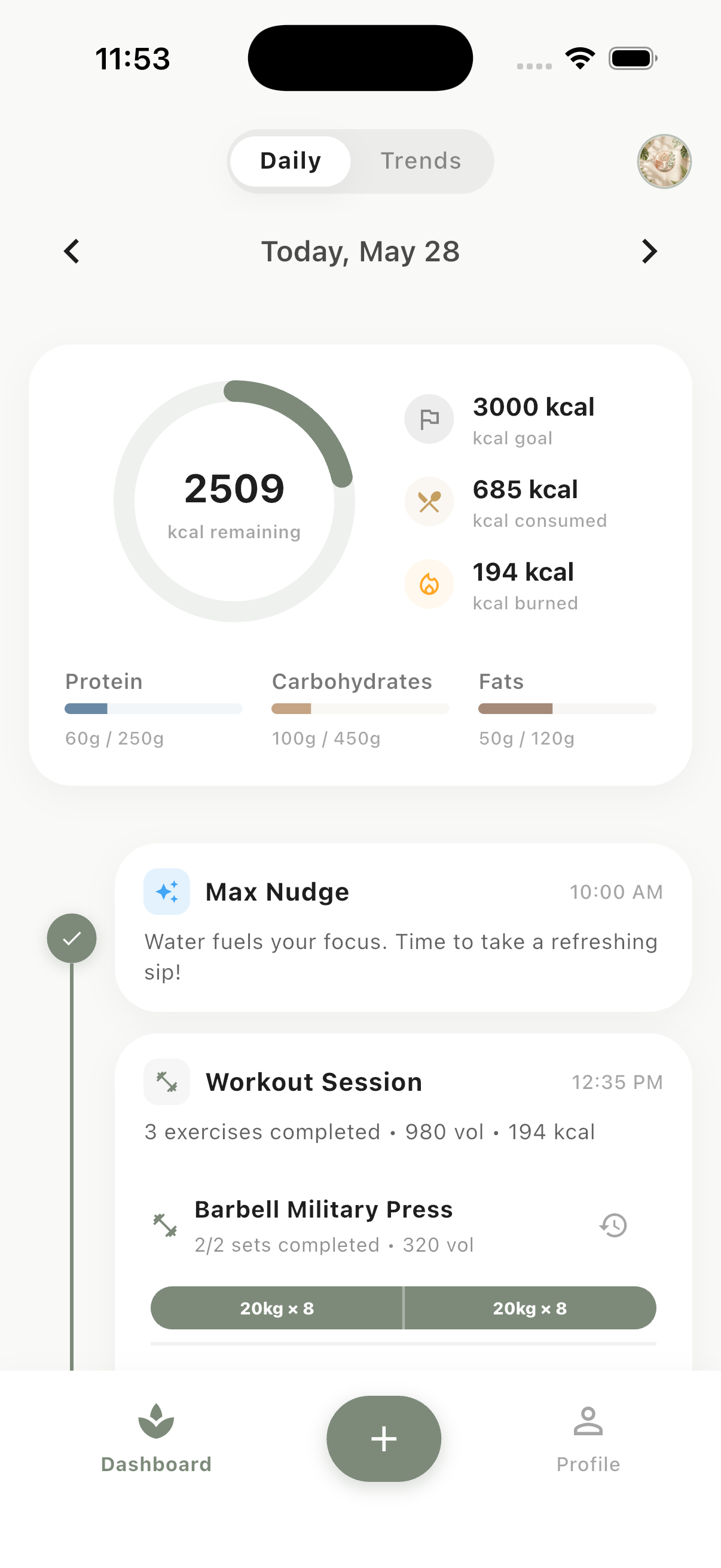 Daily Dashboard showing calories ring, macro splits, active workout cards and AI coaches
