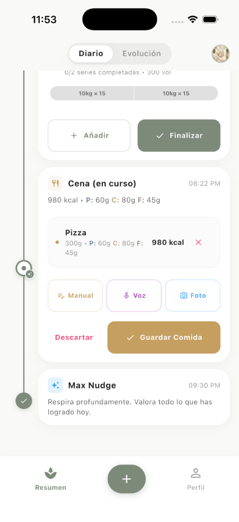 Registro de nutrición con IA, opciones de voz, foto, platos manuales y resúmenes