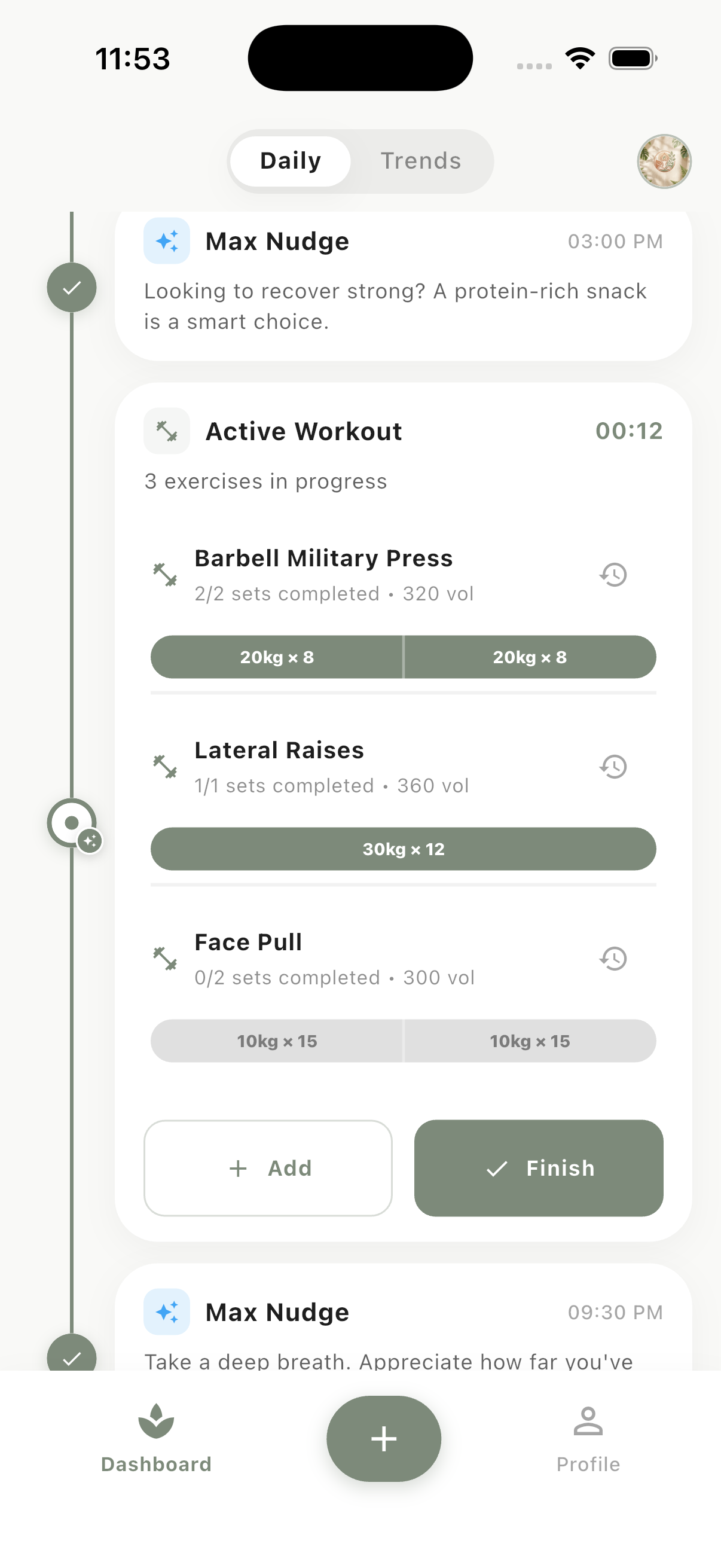 Active workout logger showing military press, lateral raises and tactile set buttons