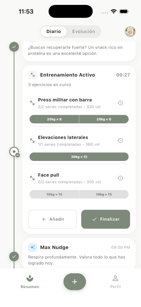 Registro de entrenamiento activo con ejercicios en curso, series y botones táctiles